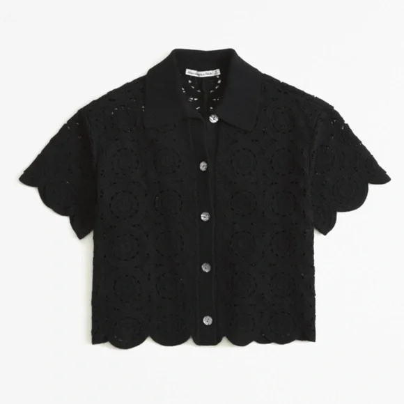Crochet-Style Mosaic Tile Polo Black Shirt Medium Abercrombie & Fitch - Picture 1 of 4